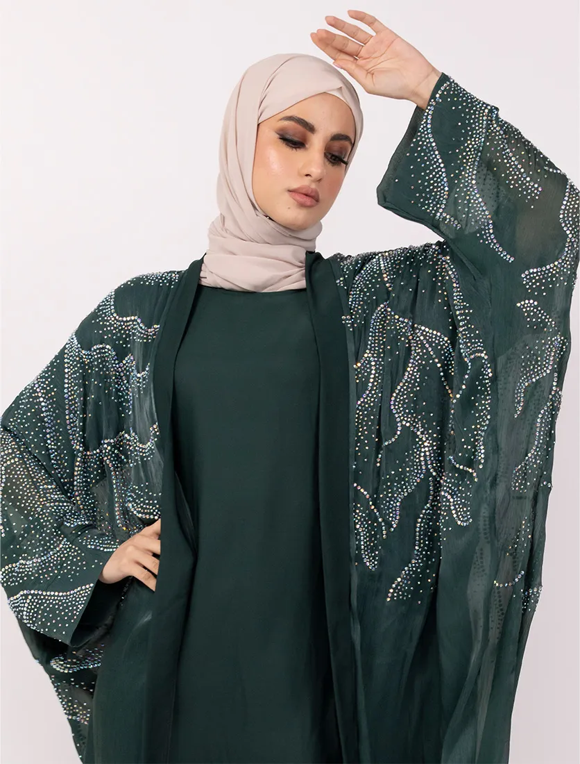 Green Crystal Embellished Sheer Overlay Abaya